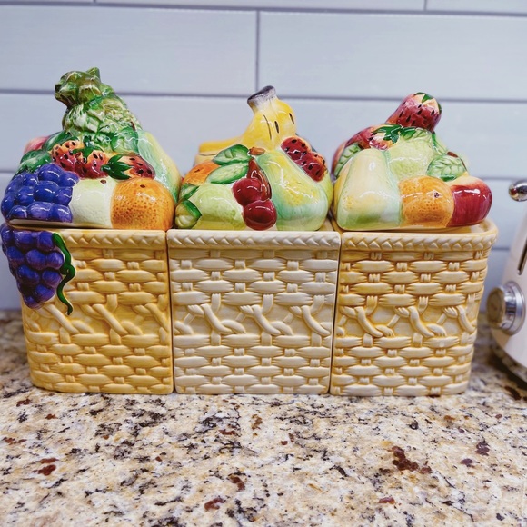 Cottagecore Vintage GOURMET Fruit Basket & Daisy Flowers Canister Set of 3 - Picture 7 of 11